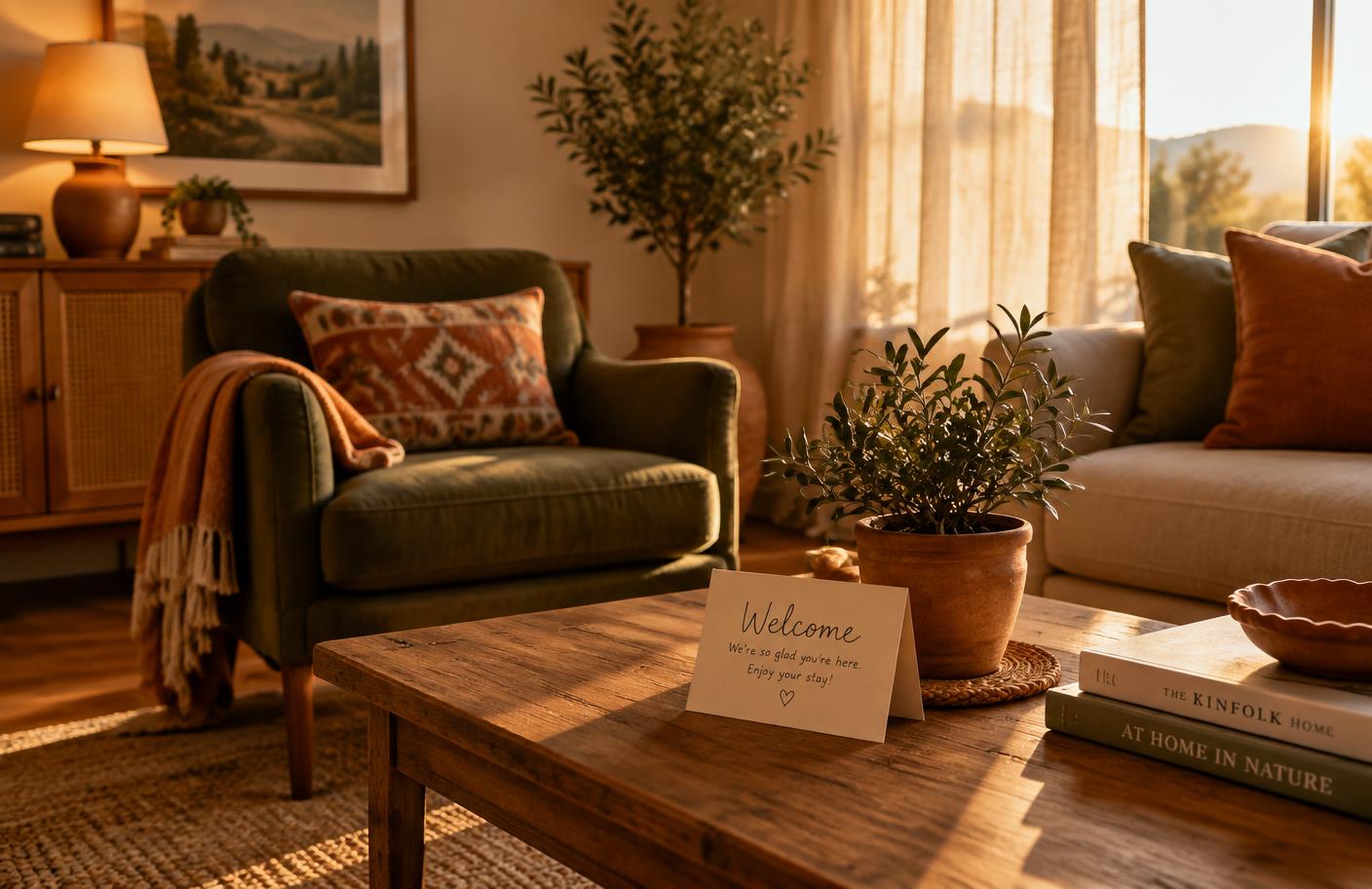 A warm, welcoming rental living room with a handwritten welcome note